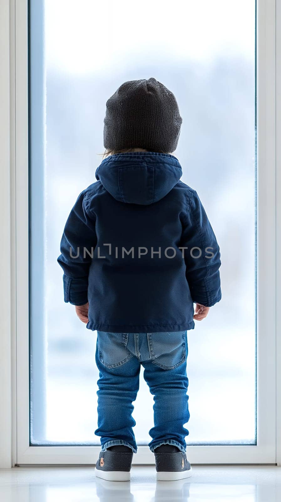 A small child in winter clothing gazes out a frosty window, capturing a moment of wonder and anticipation.