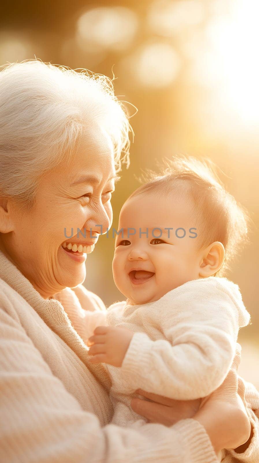 A heartwarming scene of a grandmother holding her laughing baby grandchild in golden sunlight.