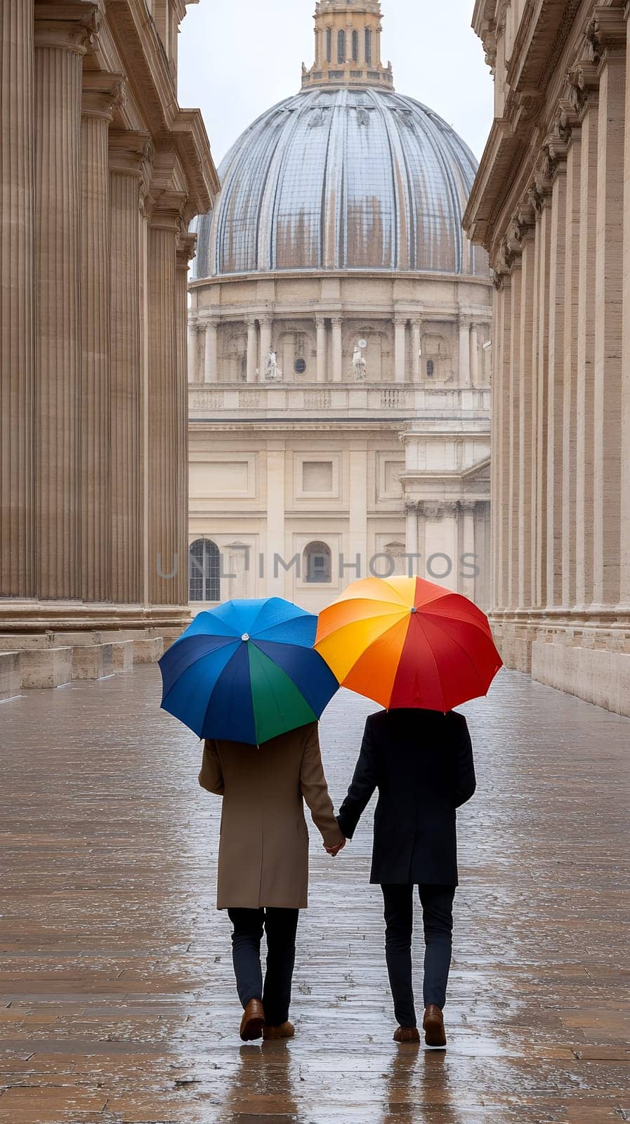 Two people with vibrant umbrellas walking towards a majestic cathedral, showcasing a blend of architecture and color.
