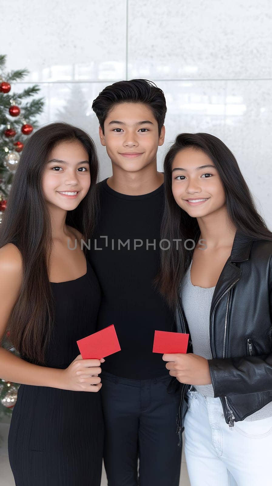 Three siblings hold red envelopes, celebrating Christmas by a decorated tree, wearing festive attire.