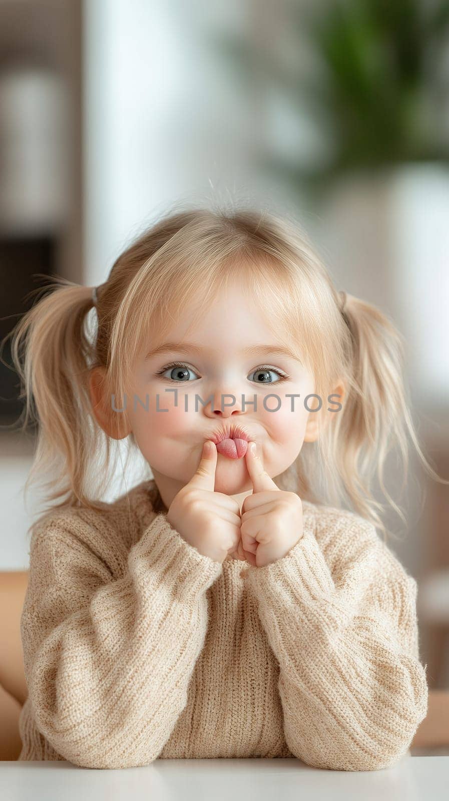 A cute young girl in a sweater makes a funny face, puffing her cheeks and crossing her eyes playfully.