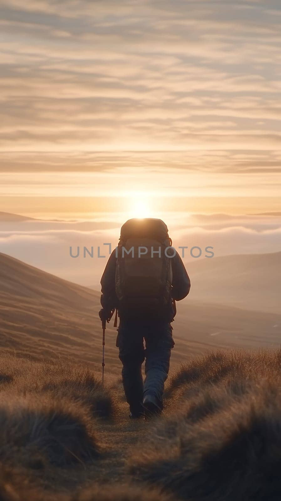 A lone hiker with a backpack walks towards a stunning sunrise in the mountains, embracing adventure.