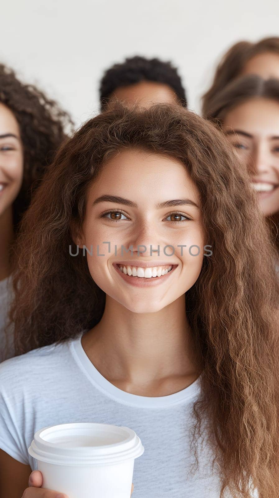 A young woman with curly hair smiles brightly while holding a coffee cup, surrounded by friends.