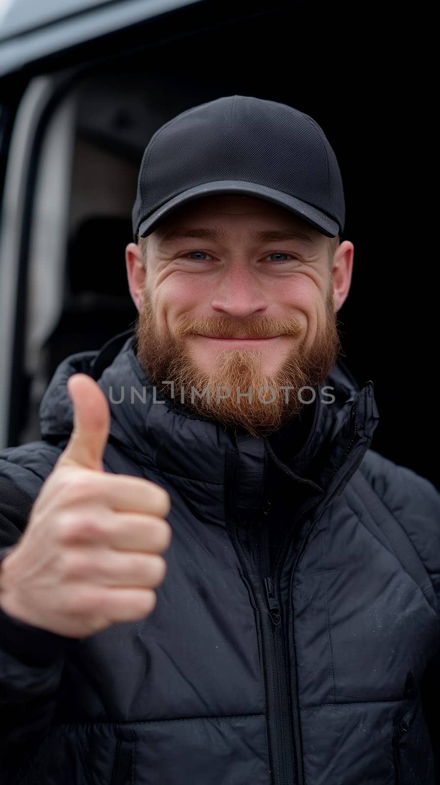Smiling man in a black cap and jacket giving a thumbs up, expressing positivity and approval outdoors.