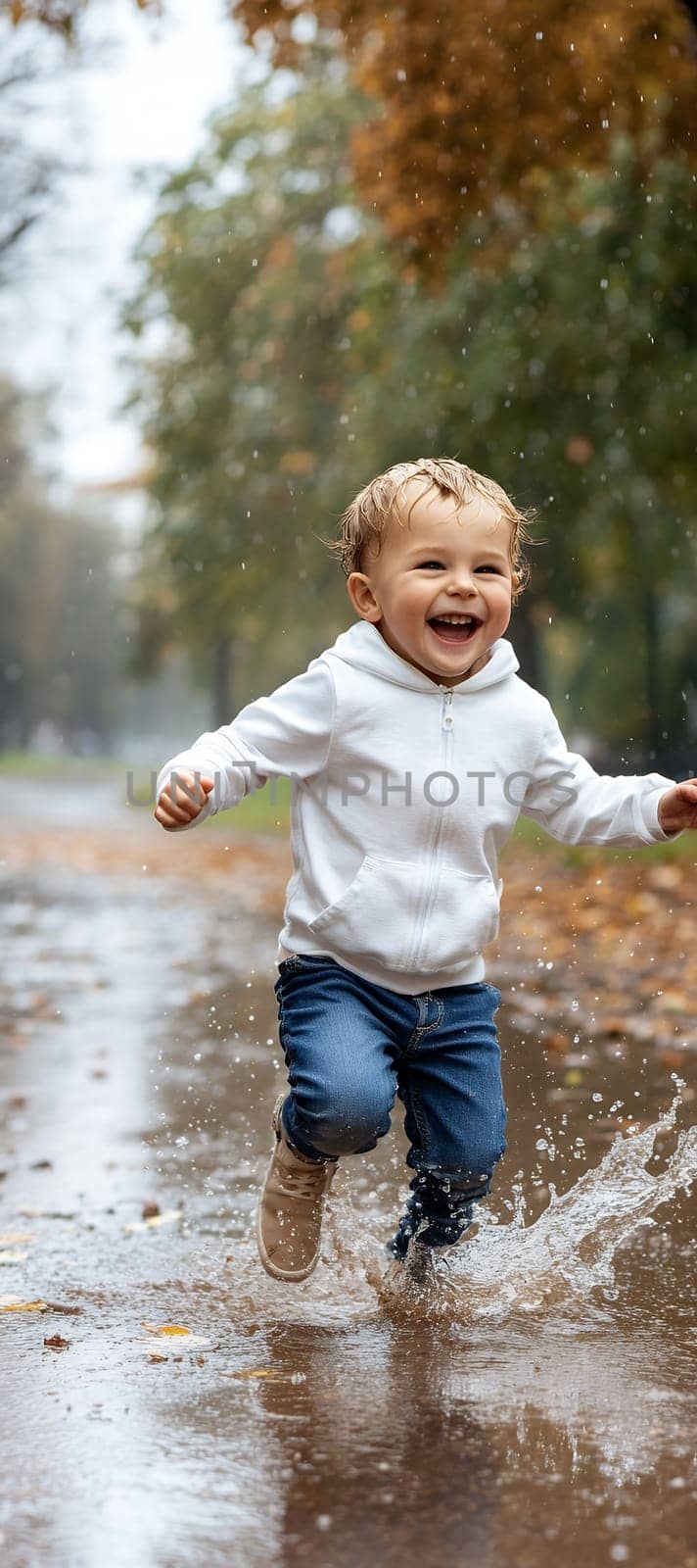 A young boy in a white hoodie runs joyfully through a puddle, splashing water on a rainy day.