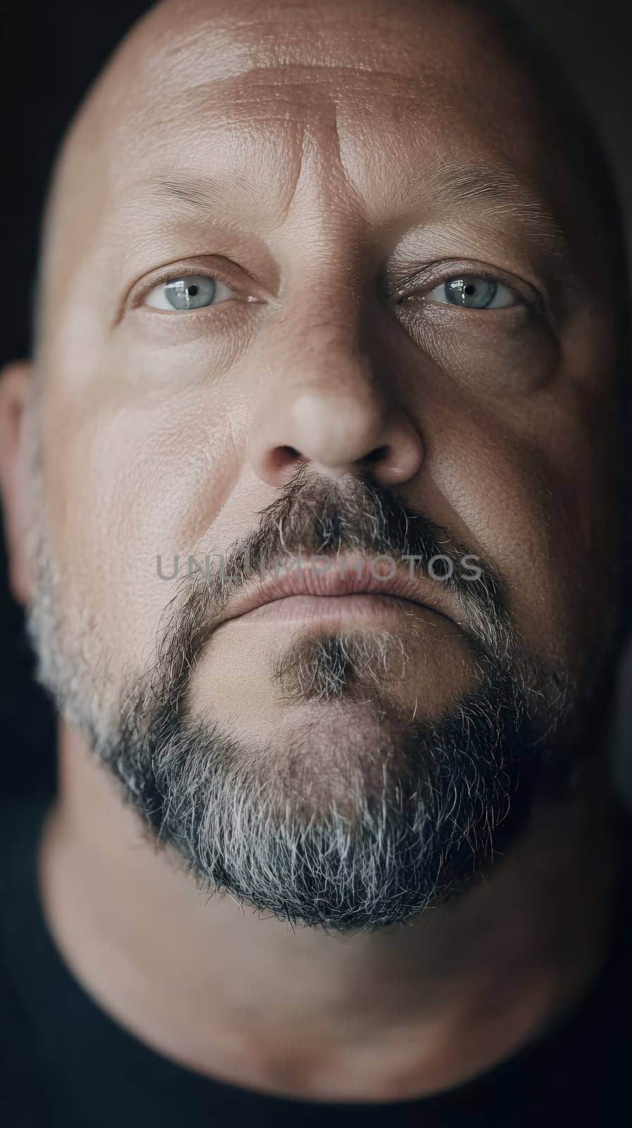 Close up portrait of a middle aged man with a contemplative expression, highlighting his deep blue eyes and beard.