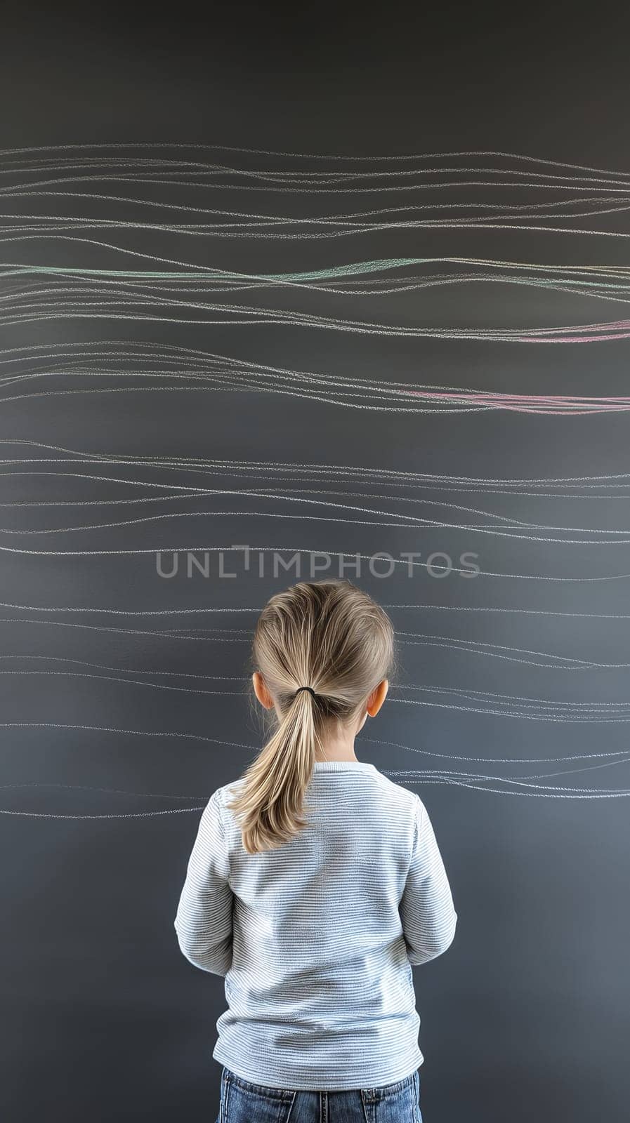A young child stands in front of a chalkboard with colorful lines, symbolizing learning and curiosity.