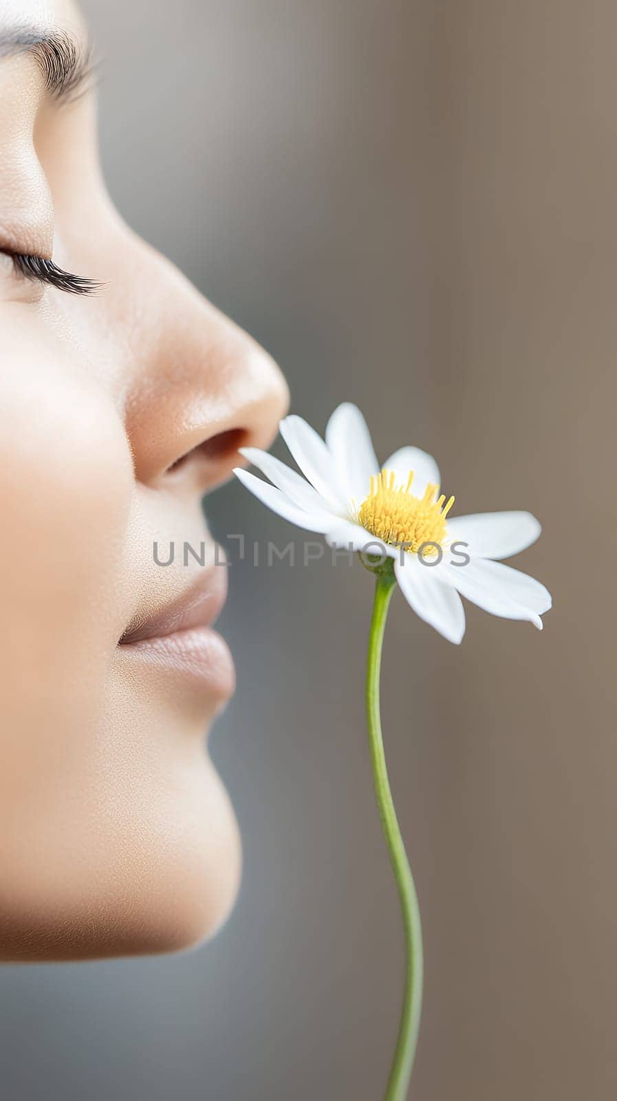 A serene woman enjoys the fragrance of a daisy, appreciating the beauty of nature in a close up shot.