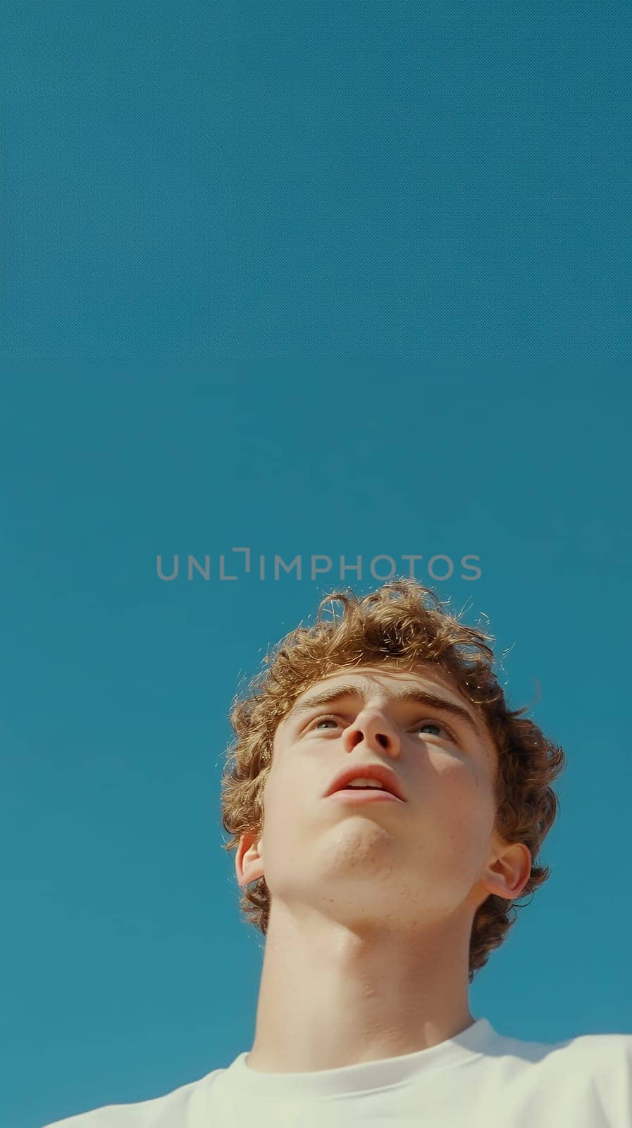 A young man looks up at the clear blue sky, lost in thought during a sunny day.
