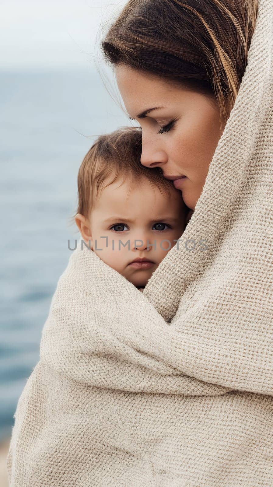 A tender moment between a mother and child wrapped in a blanket by the ocean.