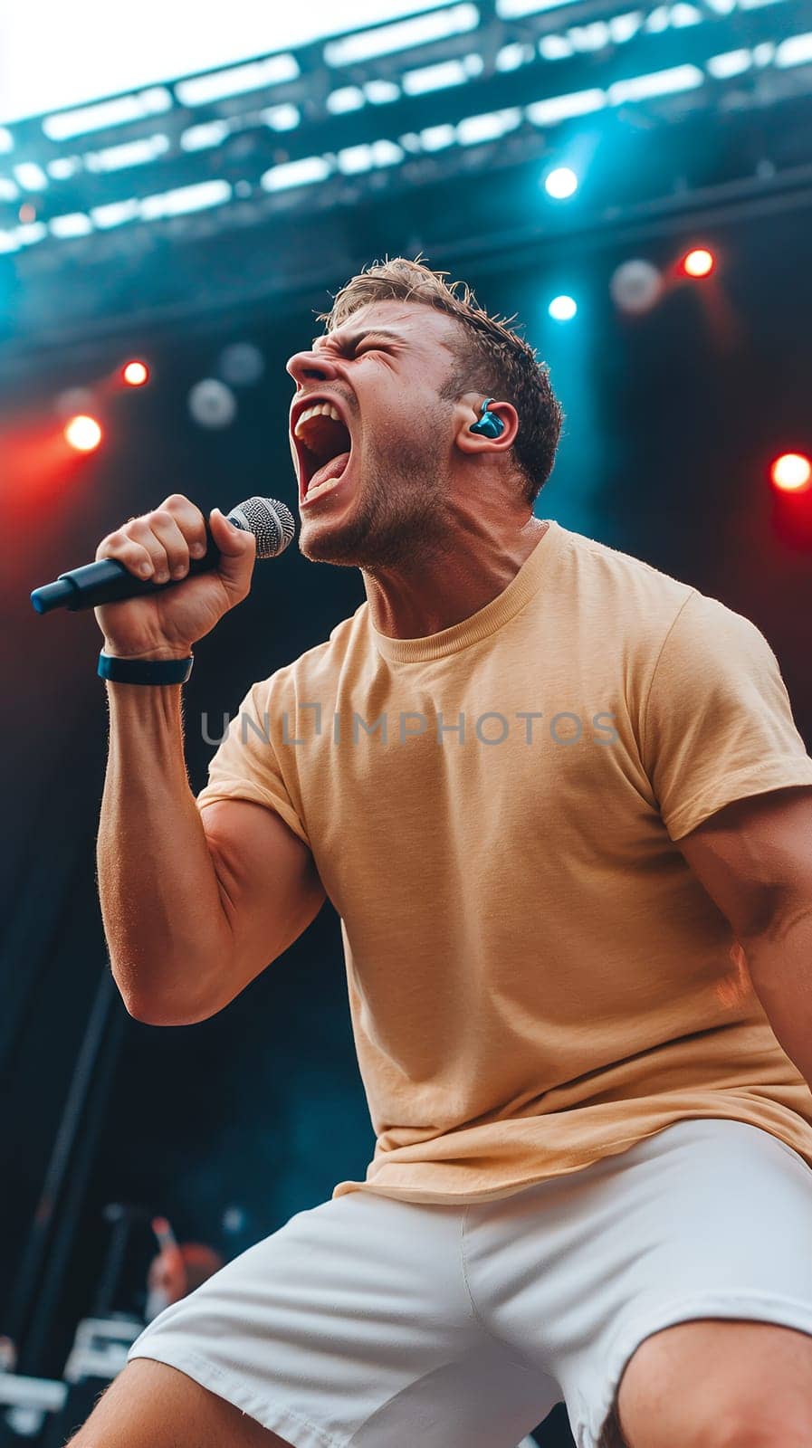 A male singer passionately performs on stage, capturing the energy and excitement of a live concert.