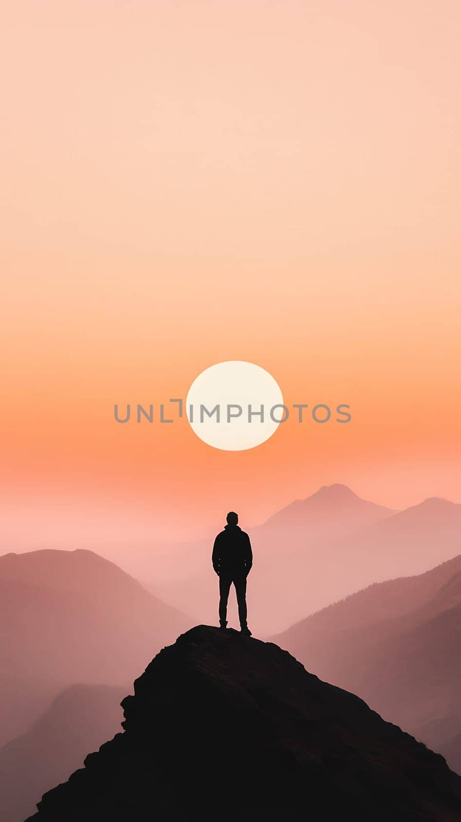 A lone figure stands on a mountain peak, silhouetted against a vibrant orange sunset.