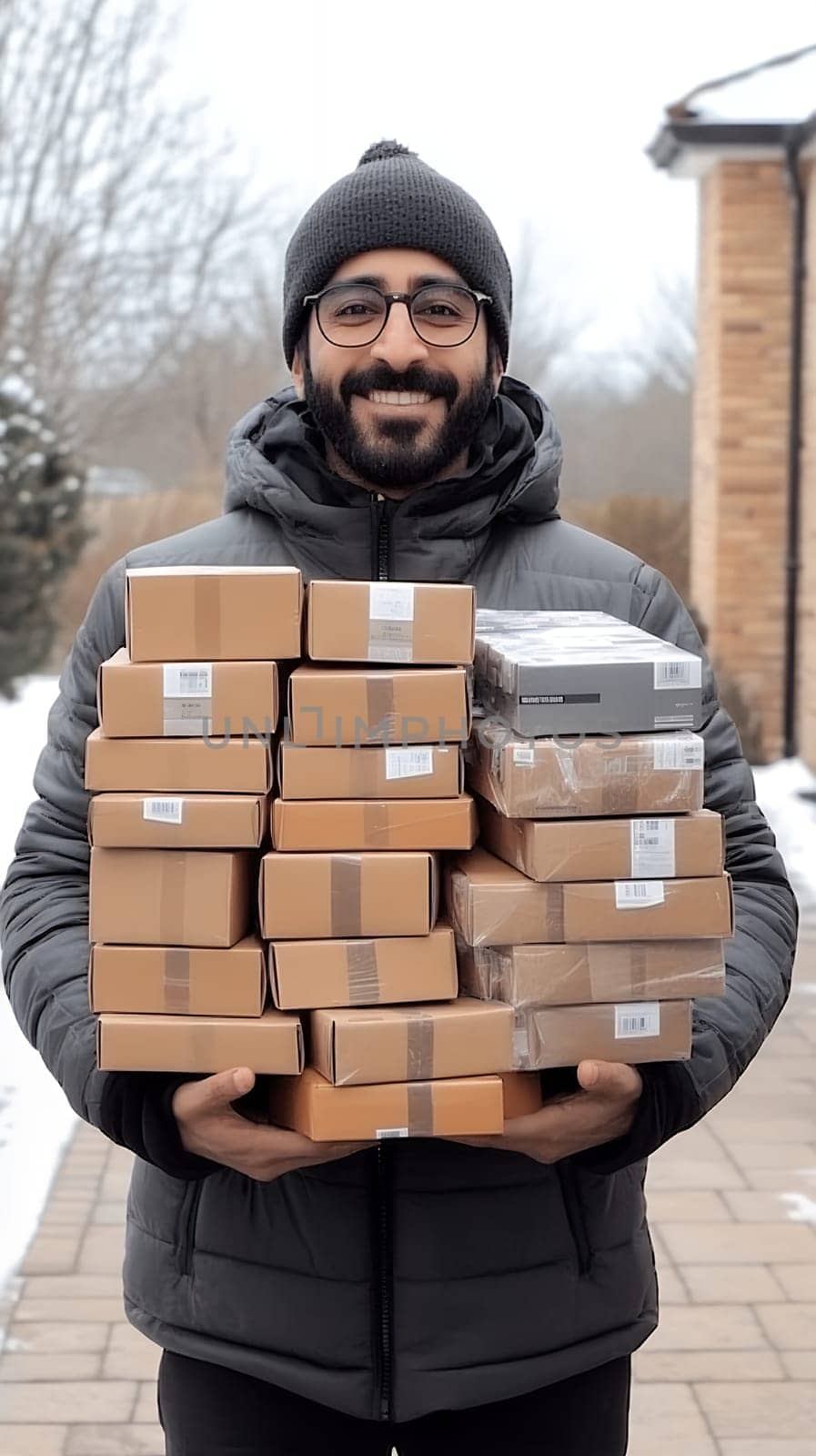 A delivery person in winter attire smiles while holding a stack of packages in a snowy neighborhood.
