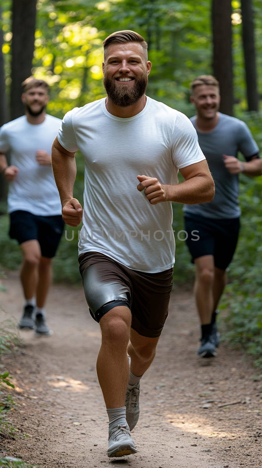 A group of friends joyfully run through a lush forest trail, enjoying a healthy outdoor activity.