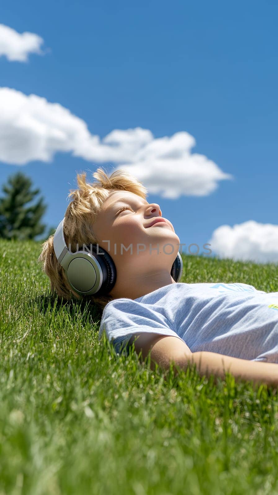 A young boy lies on the grass with headphones, relaxing under a clear blue sky and white clouds.