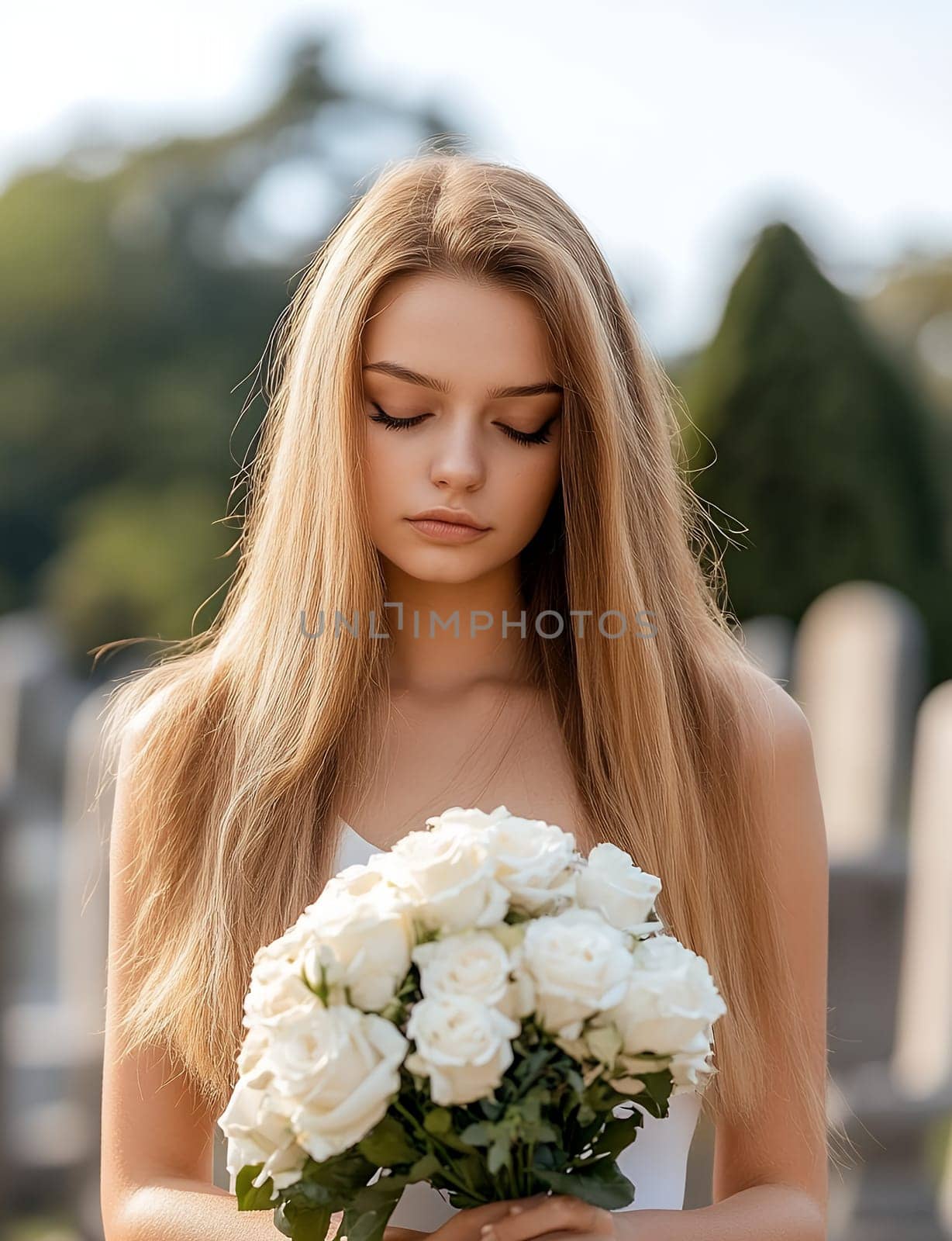 A solemn woman holds a bouquet of white roses, standing in a serene outdoor setting.