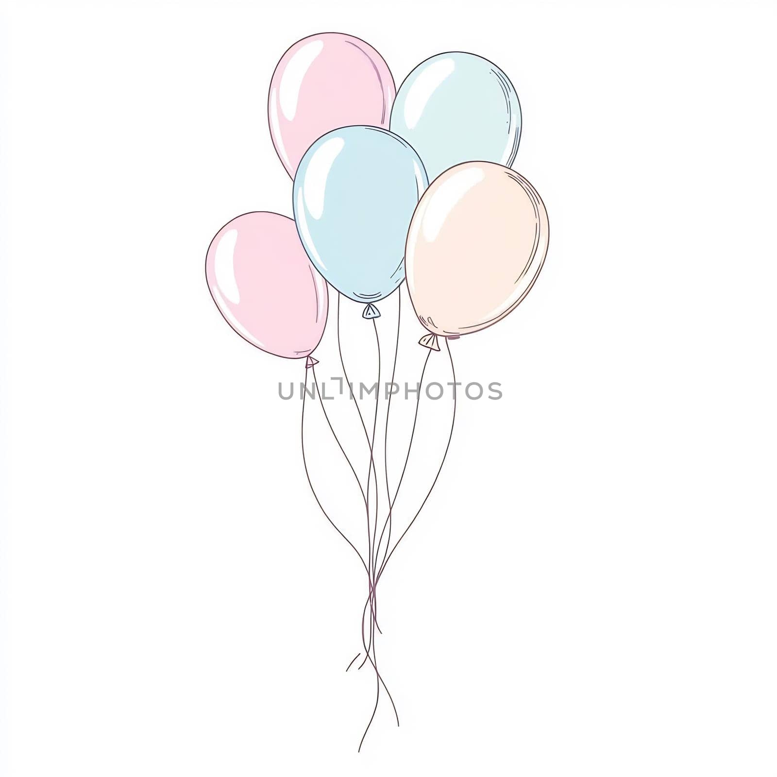 A collection of five pastel balloons, pink, blue, and yellow, gently floating together, perfect for any festive occasion.