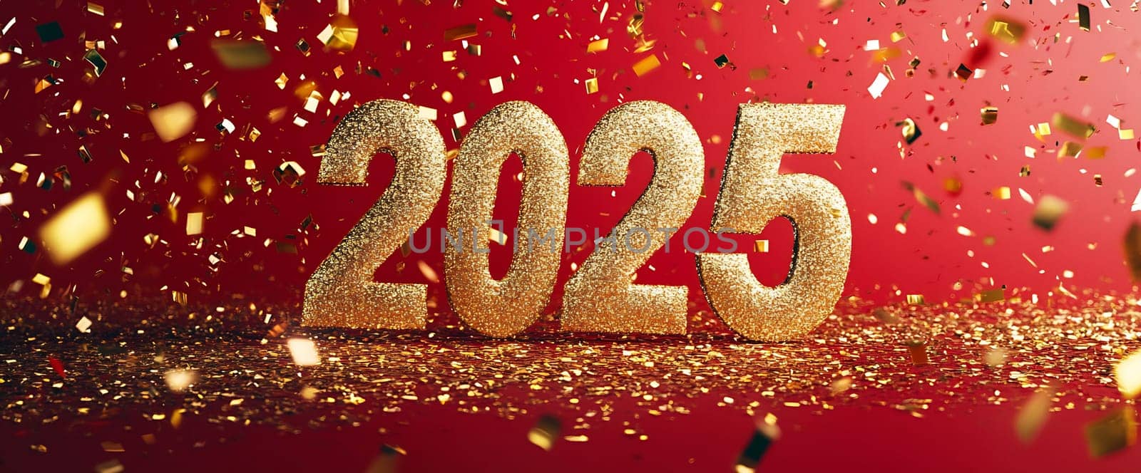 The festive atmosphere sparkles as golden numbers represent 2025, surrounded by confetti on a vibrant red background.