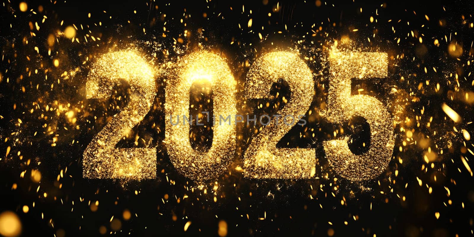 Golden numbers display 2025, surrounded by sparkling lights, marking the countdown to New Year's celebration and new beginnings.