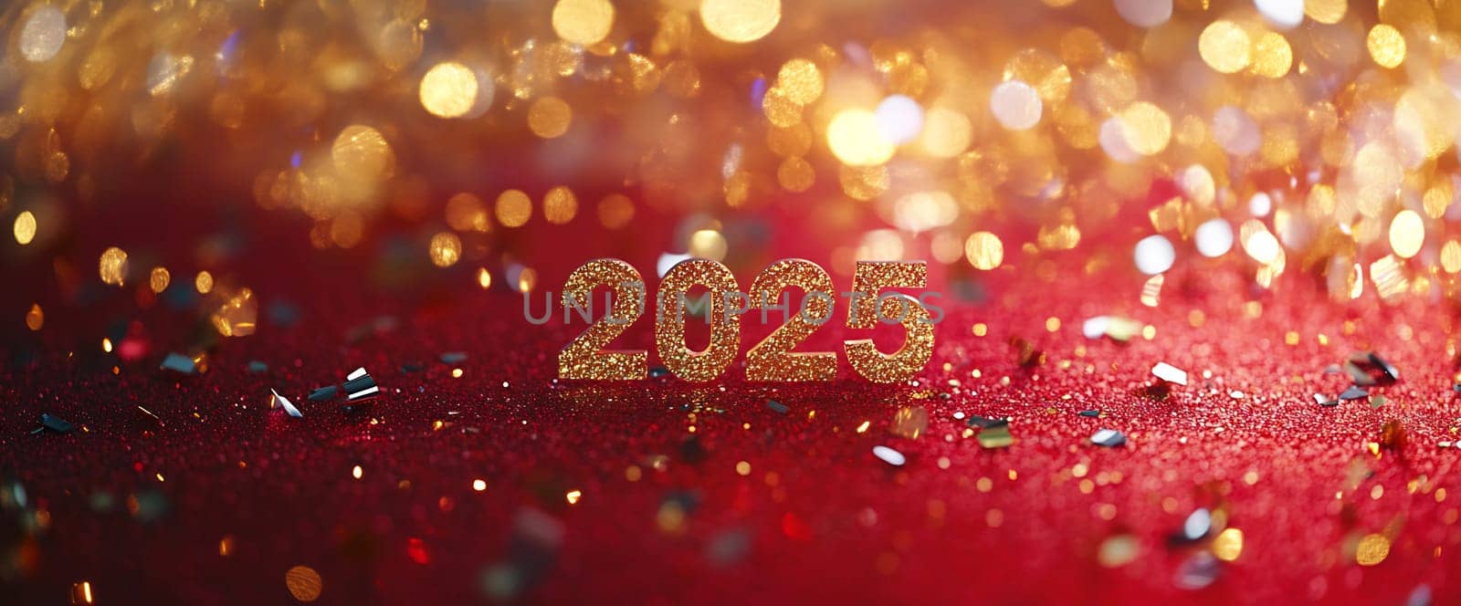 Glittering numbers spell 2025, surrounded by colorful confetti on a vibrant red background, celebrating the arrival of the New Year.