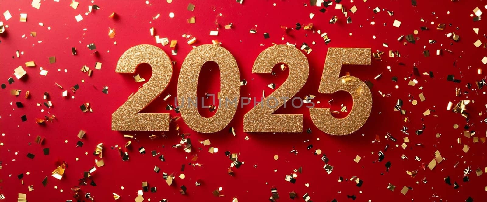 Sparkling golden 2025 numbers on a red background, surrounded by colorful confetti, ready for a festive New Year celebration.