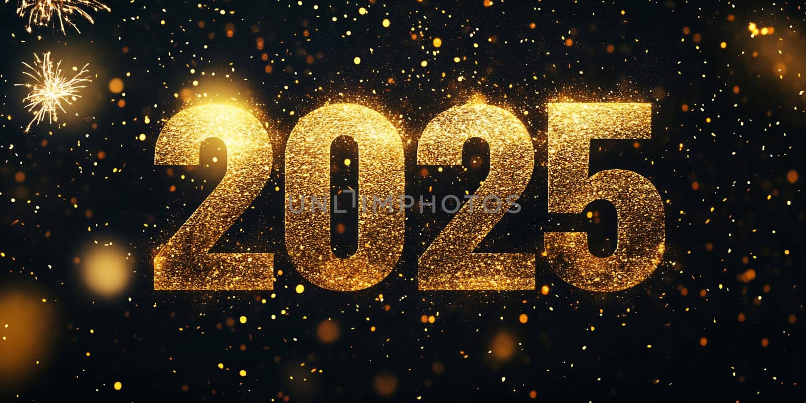 A vibrant display of golden sparkles highlights the year 2025, symbolizing hope and festivities for the coming year.
