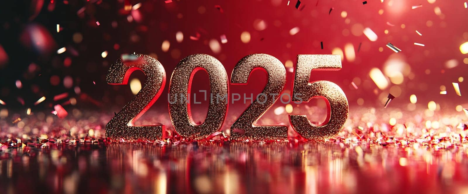 Sparkling numbers display 2025 as confetti falls, capturing the excitement of New Year's Eve celebrations in a vibrant atmosphere.