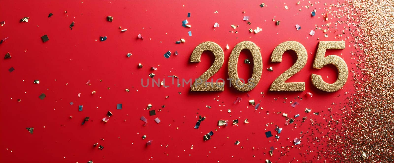 The red background is decorated with gold glitter and colorful confetti, showcasing the year 2025 prominently.