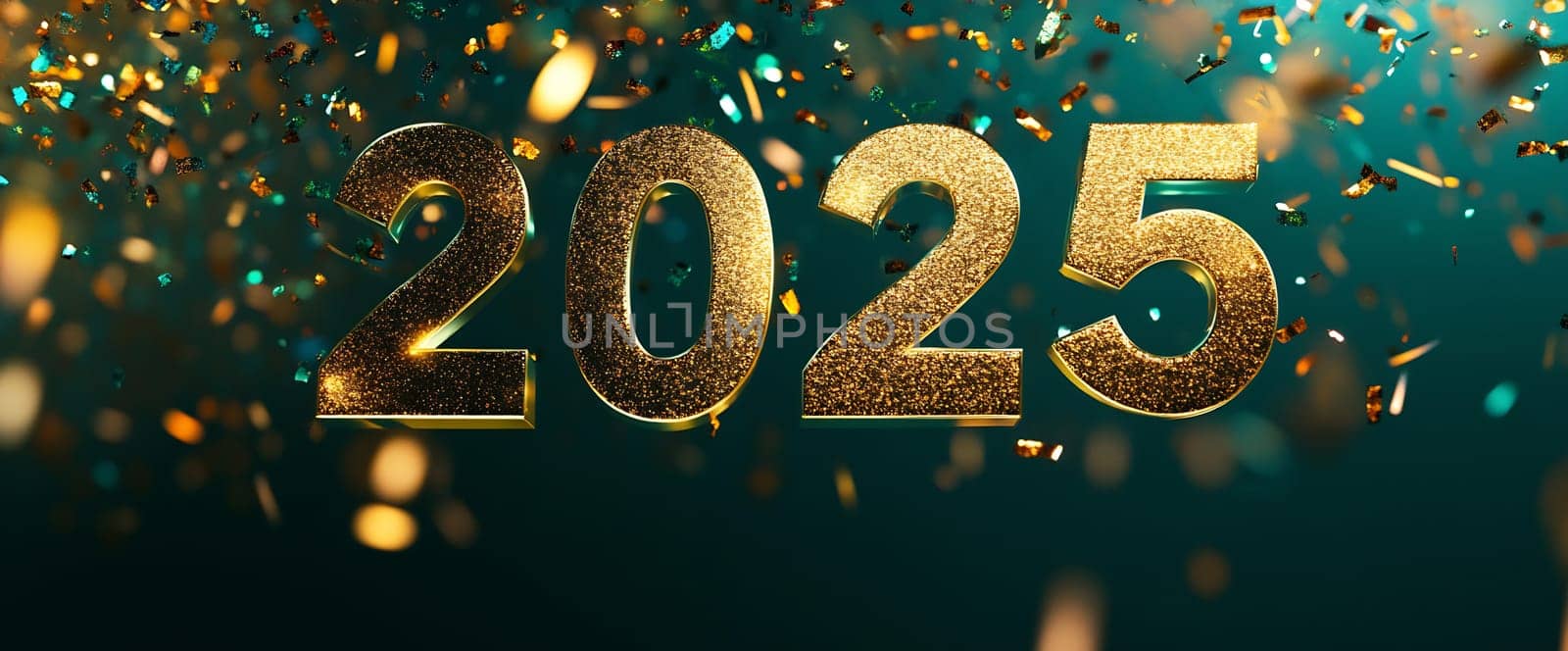 The vibrant golden numbers 2025 stand out against a backdrop of colorful confetti, signaling a festive New Year celebration ahead.
