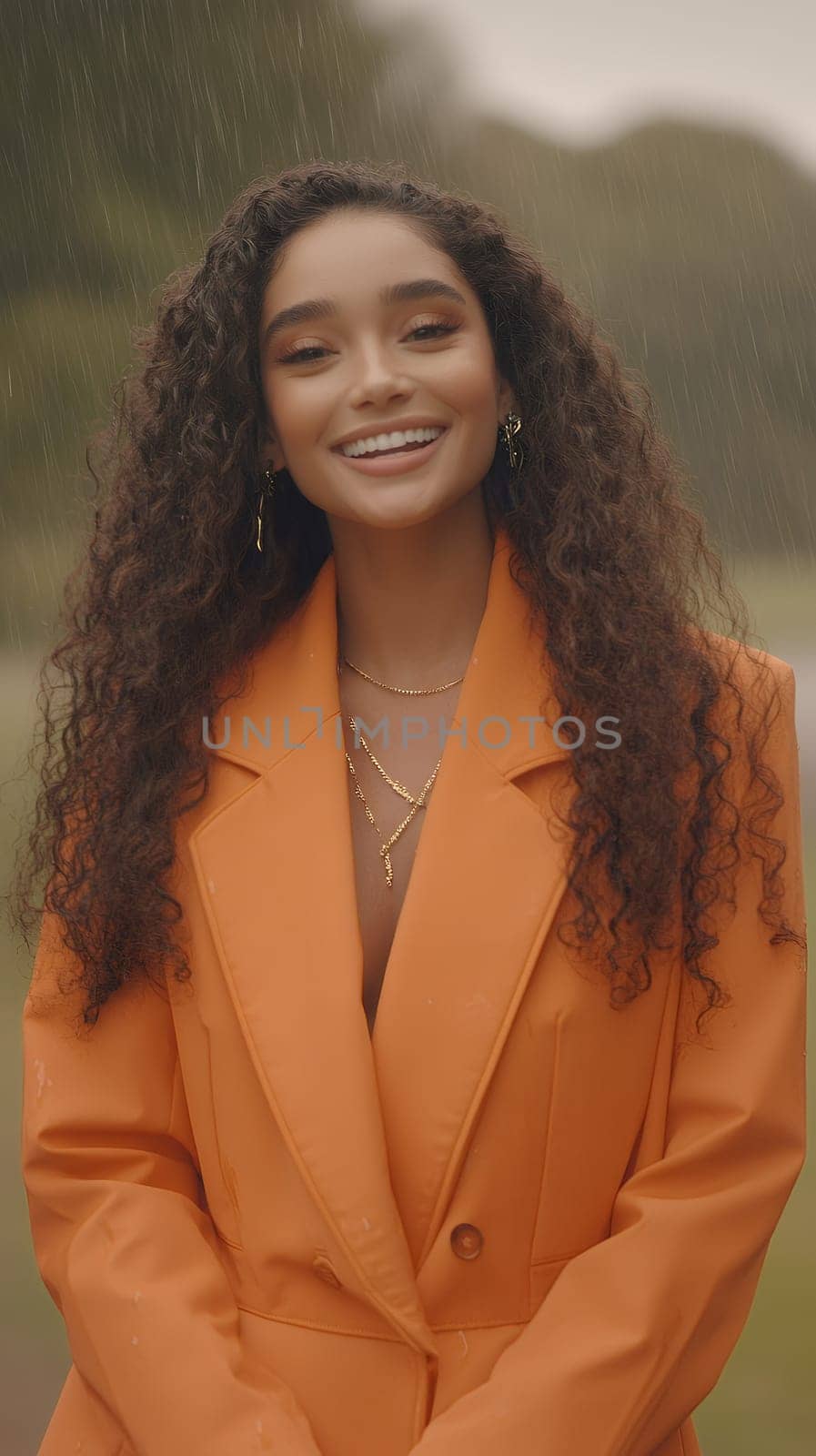 A woman with curly hair and an orange coat smiles brightly while standing in the rain, exuding joy.