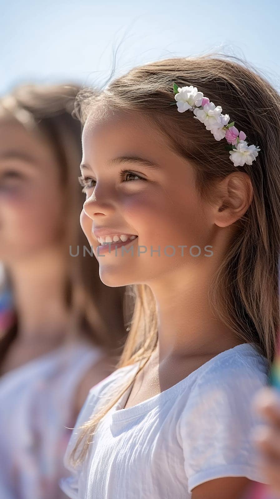 A young girl smiles brightly, adorned with a floral headband, capturing a moment of innocence and joy.