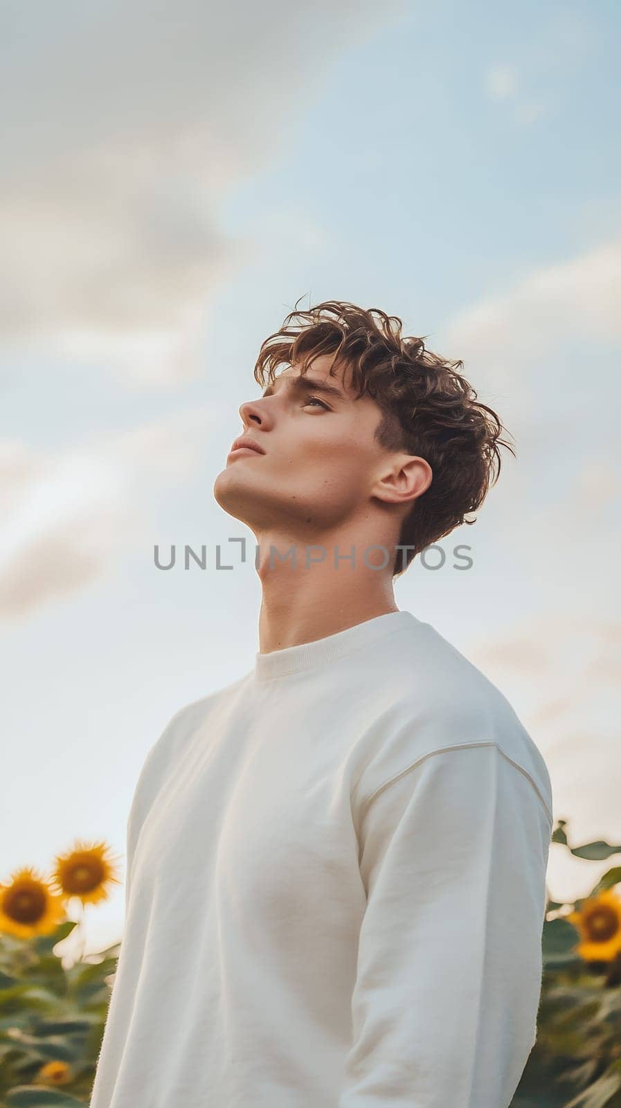 A thoughtful man stands in a sunflower field, contemplating the scenery and enjoying the serene atmosphere.