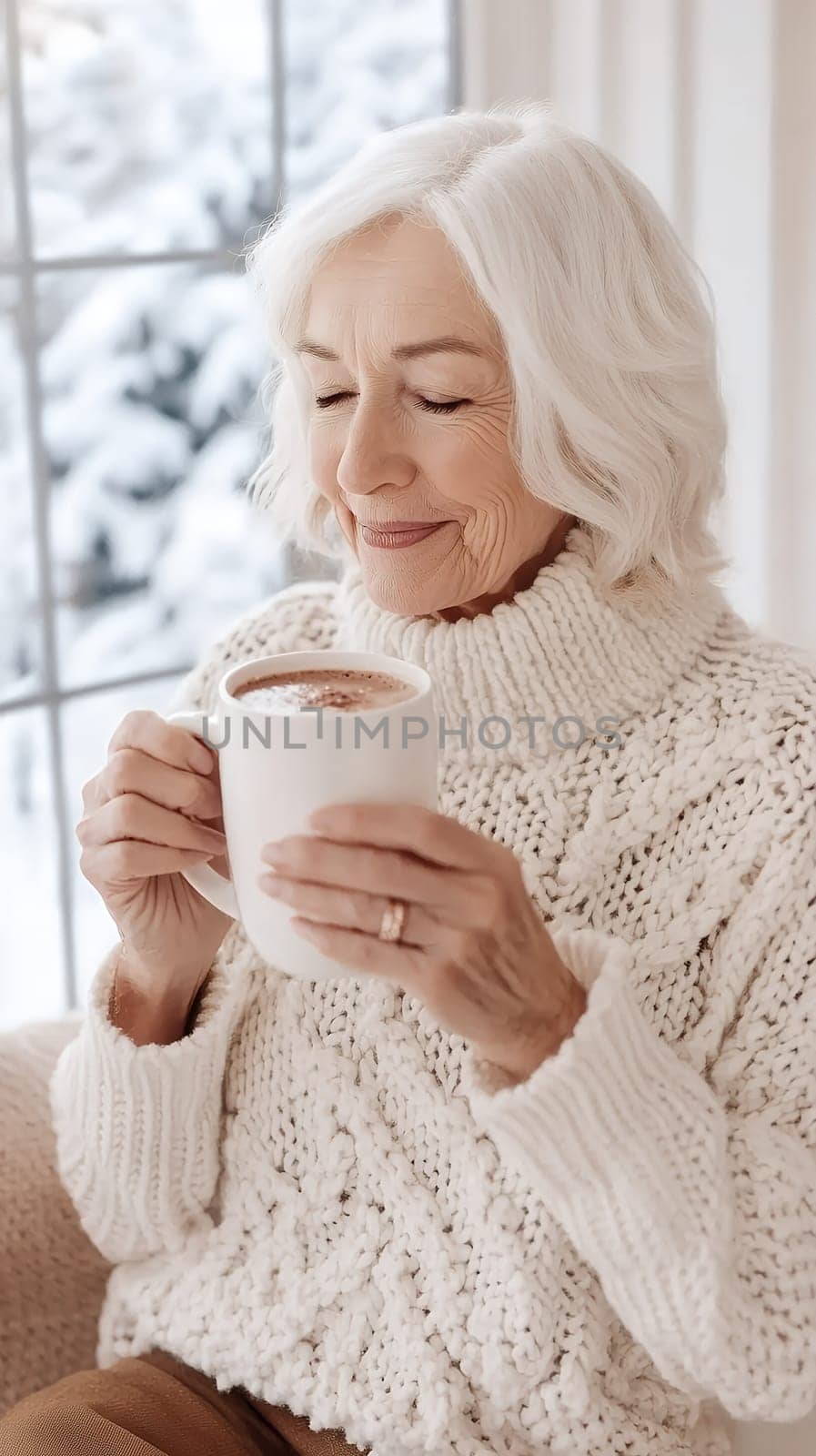 An elderly woman in a cozy sweater savors a hot drink by the window, embracing the warmth of winter indoors.