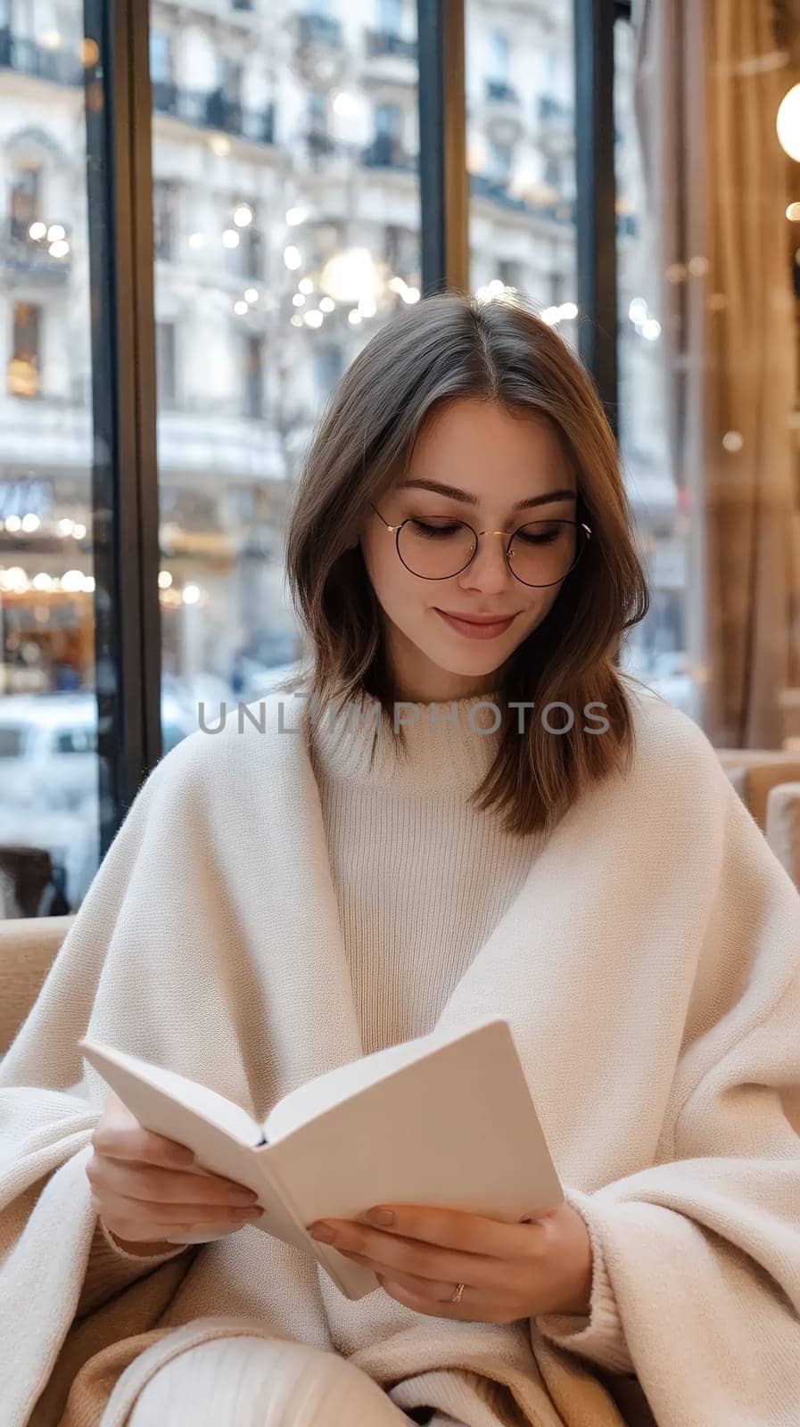 A young woman enjoys a book in a cozy cafe, surrounded by city lights and a warm atmosphere.