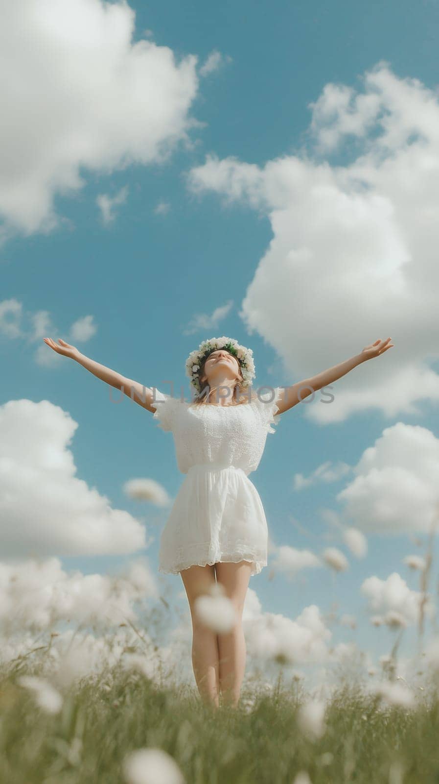 A joyful woman in a white dress stands in a field with arms outstretched, celebrating freedom under a blue sky.