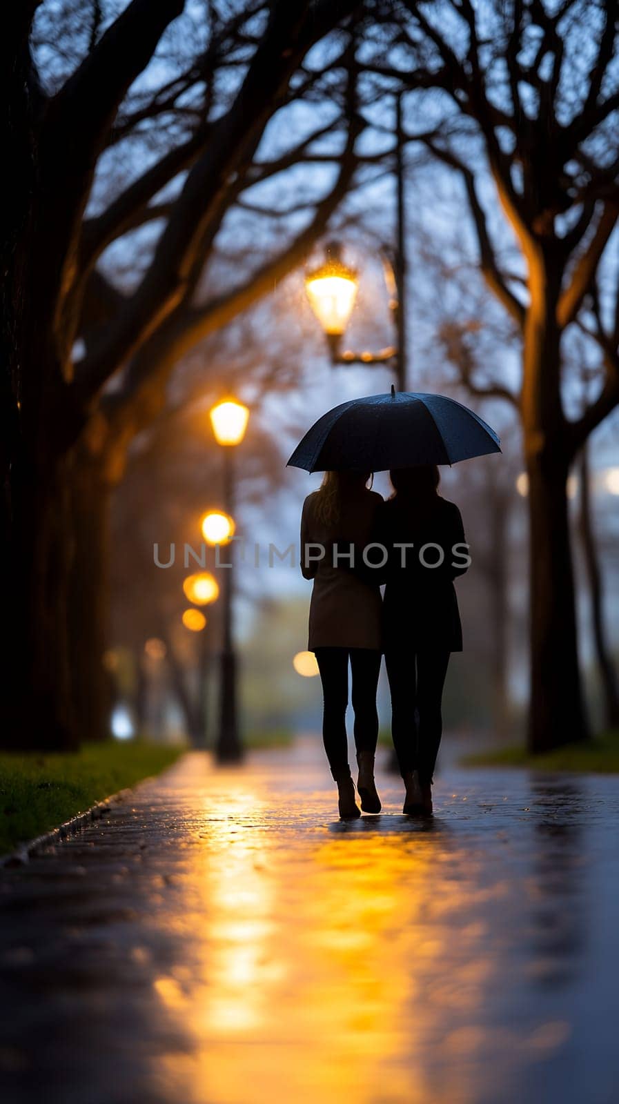 A couple walks under an umbrella along a lamplit path at dusk, creating a romantic atmosphere.