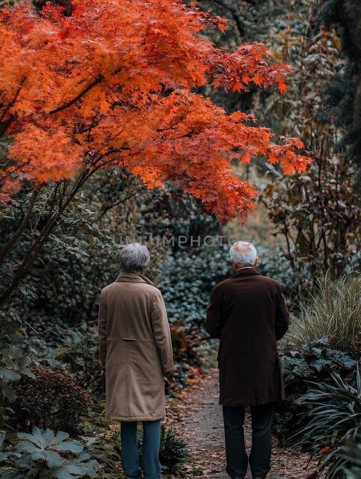 An elderly couple walks together in a park filled with vibrant autumn leaves, enjoying a peaceful stroll.
