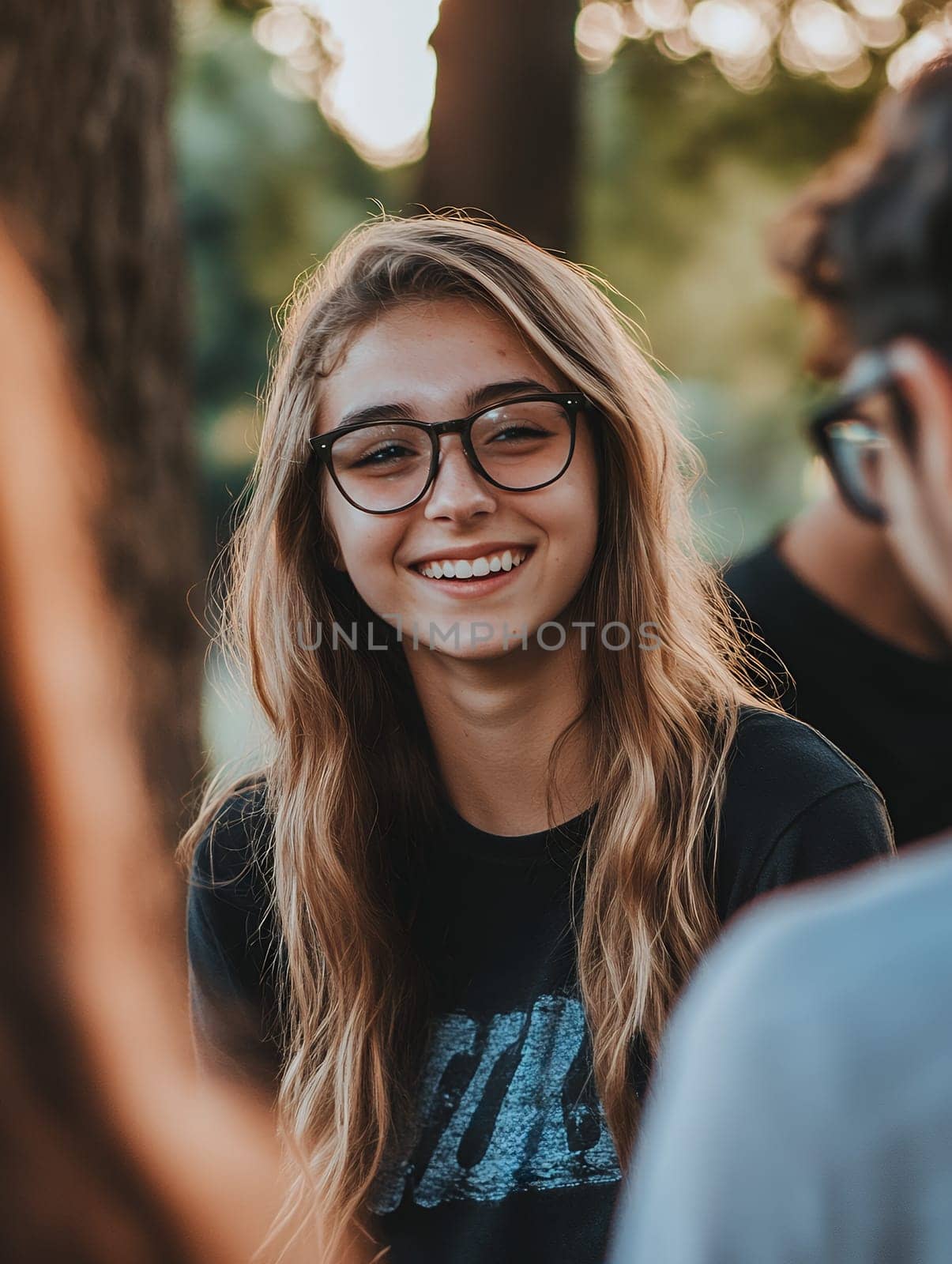 A cheerful girl with glasses smiles brightly while enjoying a day outdoors, surrounded by friends.