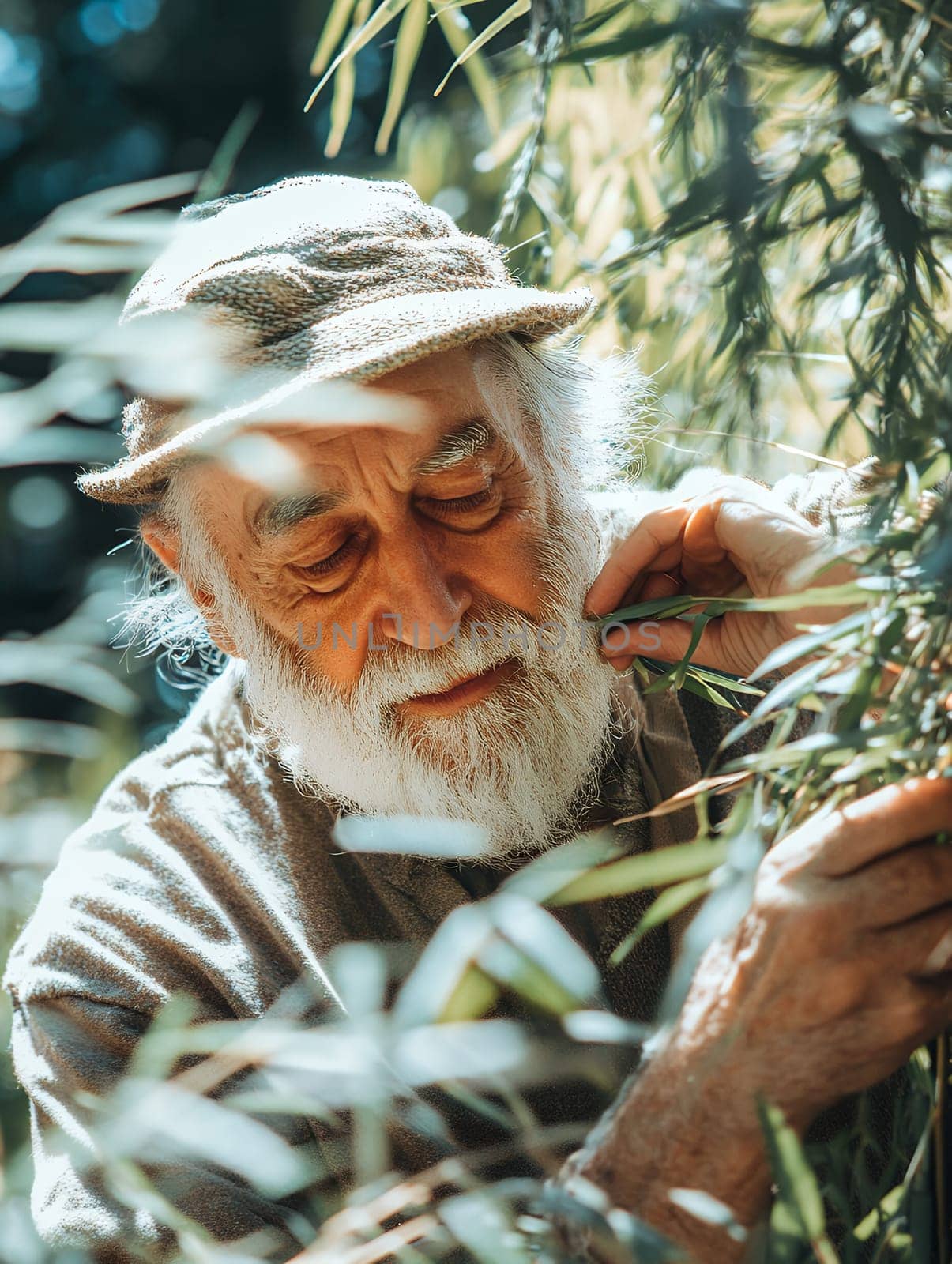 An elderly man with a gentle smile explores the lush greenery, surrounded by vibrant foliage and sunlight.