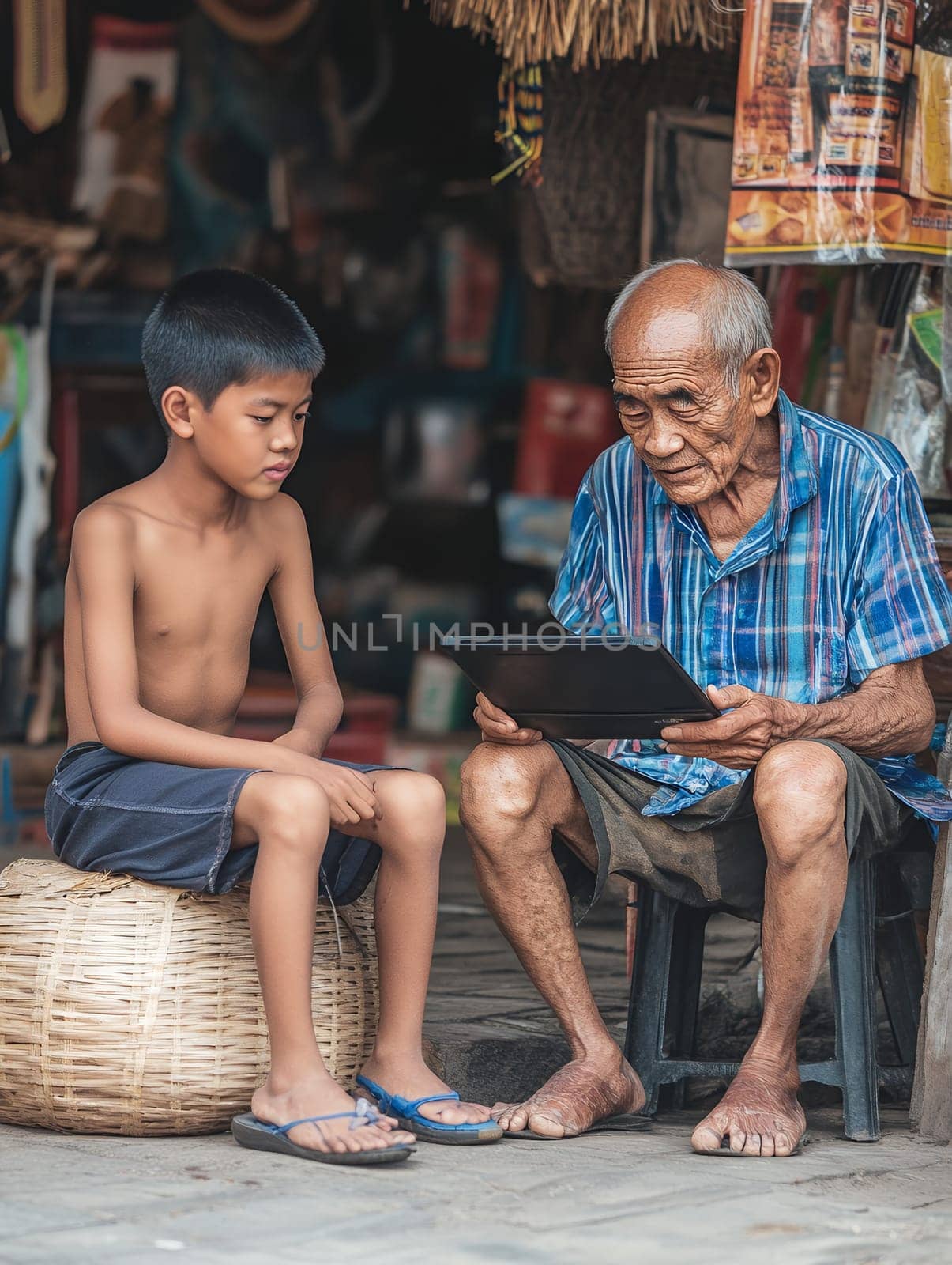 An elderly man and a young boy share a moment with a digital tablet in an outdoor market setting.