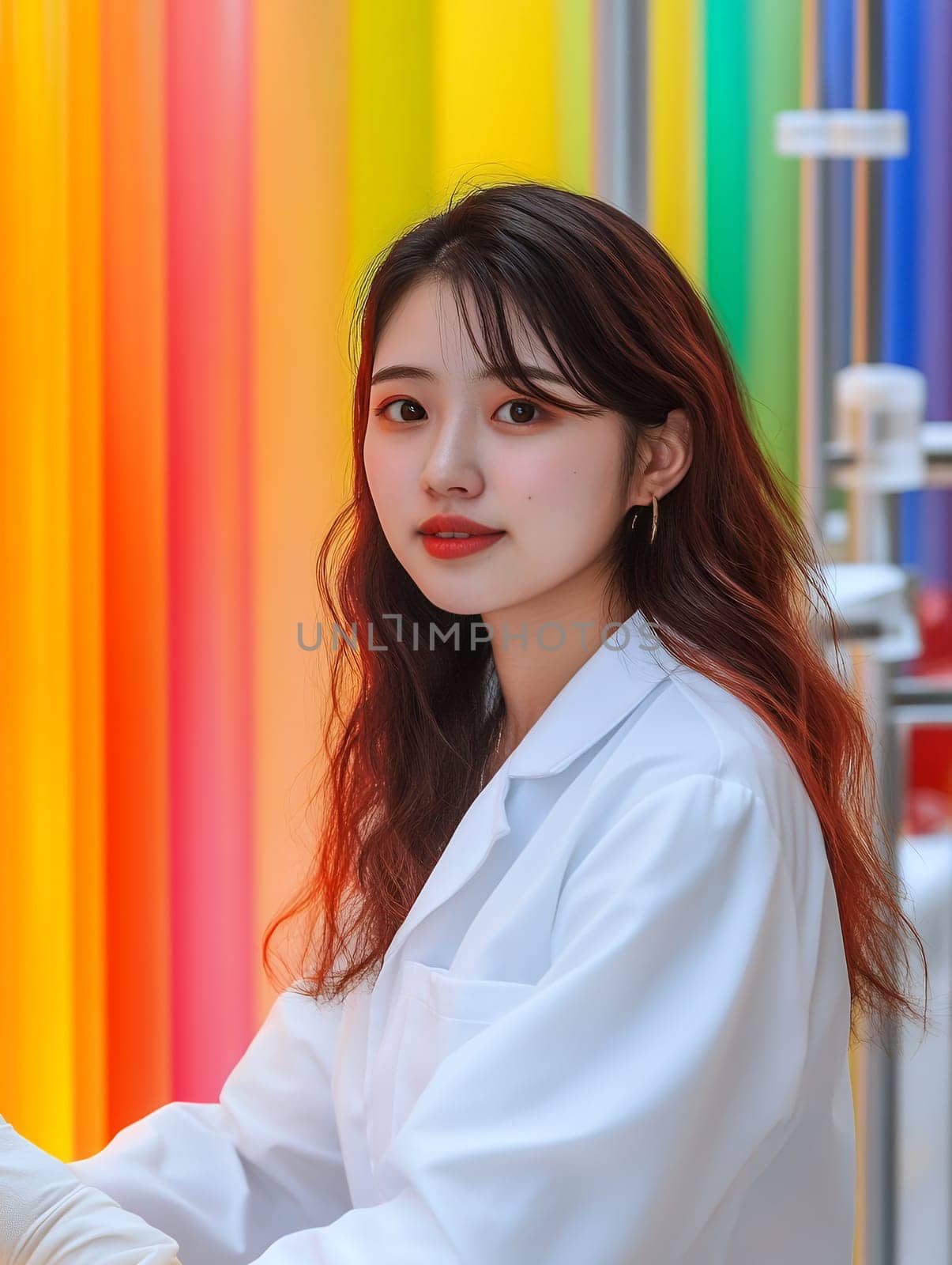 A scientist in a white lab coat stands against a vibrant rainbow colored background, symbolizing innovation.