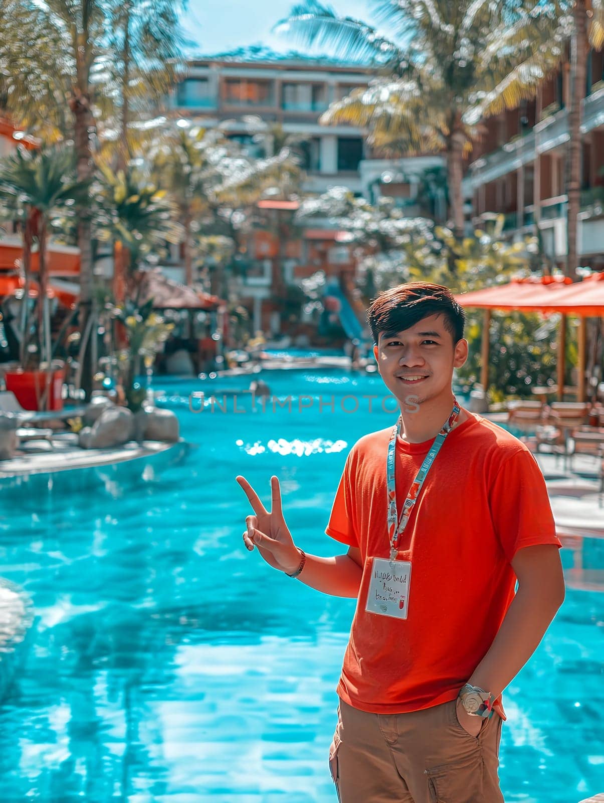 A cheerful young man in an orange shirt poses with a peace sign by a sunny poolside resort.