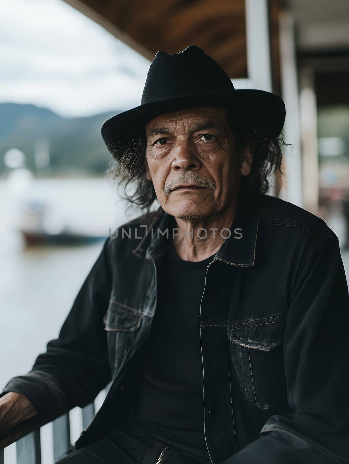A thoughtful man in a black hat gazes into the distance, sitting on a porch with a serene backdrop.