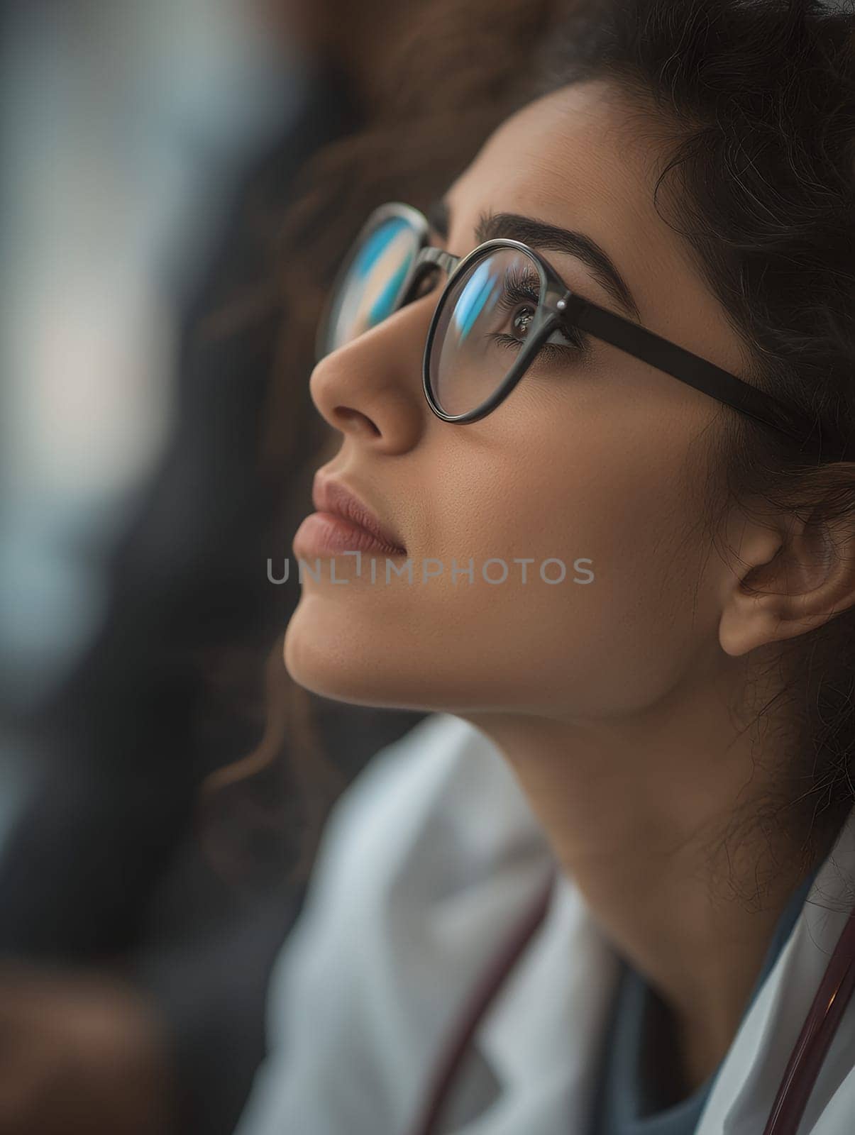 A thoughtful doctor wearing glasses looks upward with focus and determination, embodying dedication.