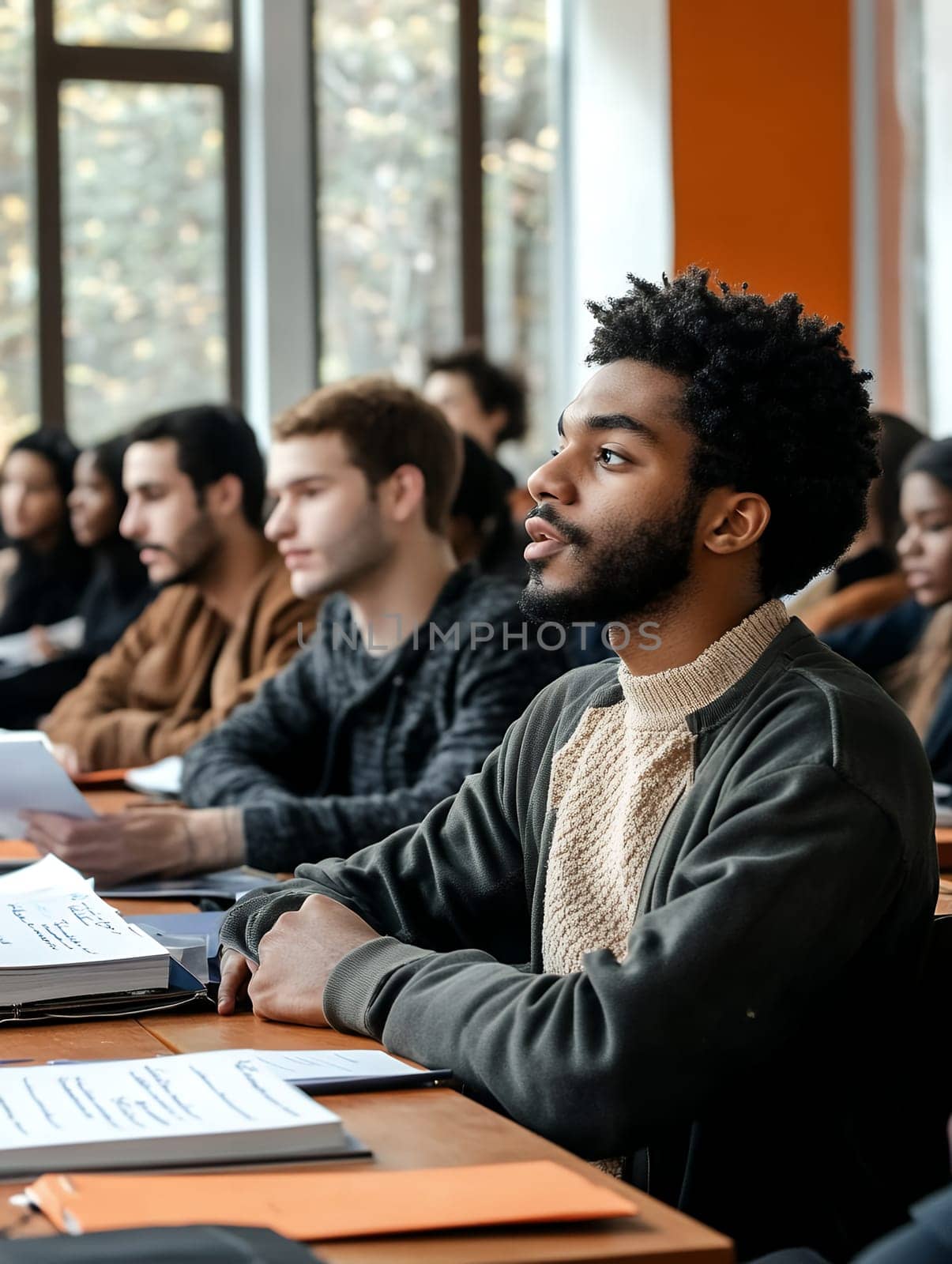 A focused student attentively listens during a lecture in a bright classroom with large windows.