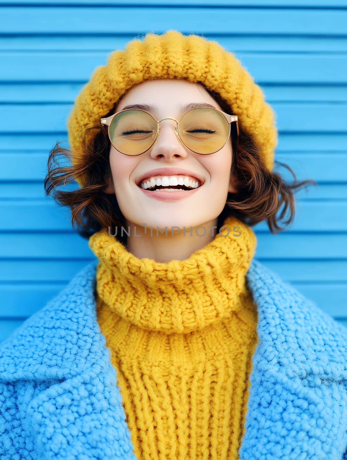 A happy woman in vibrant yellow and blue knitwear, radiating joy and positivity against a colorful background.