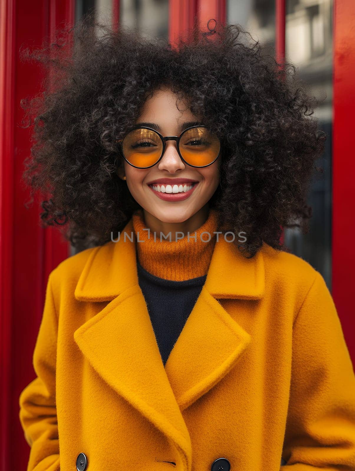 A stylish woman with curly hair and sunglasses smiles brightly in a vibrant yellow coat against a red backdrop.