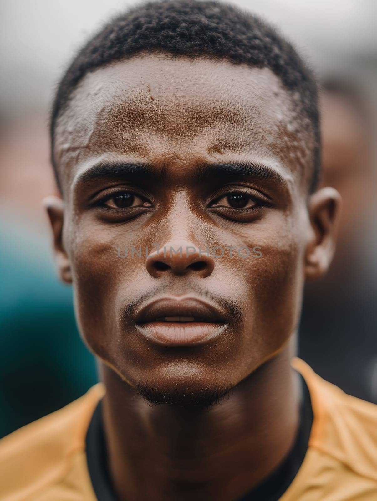A close up of an intense athlete with a determined expression, ready for competition and challenge.