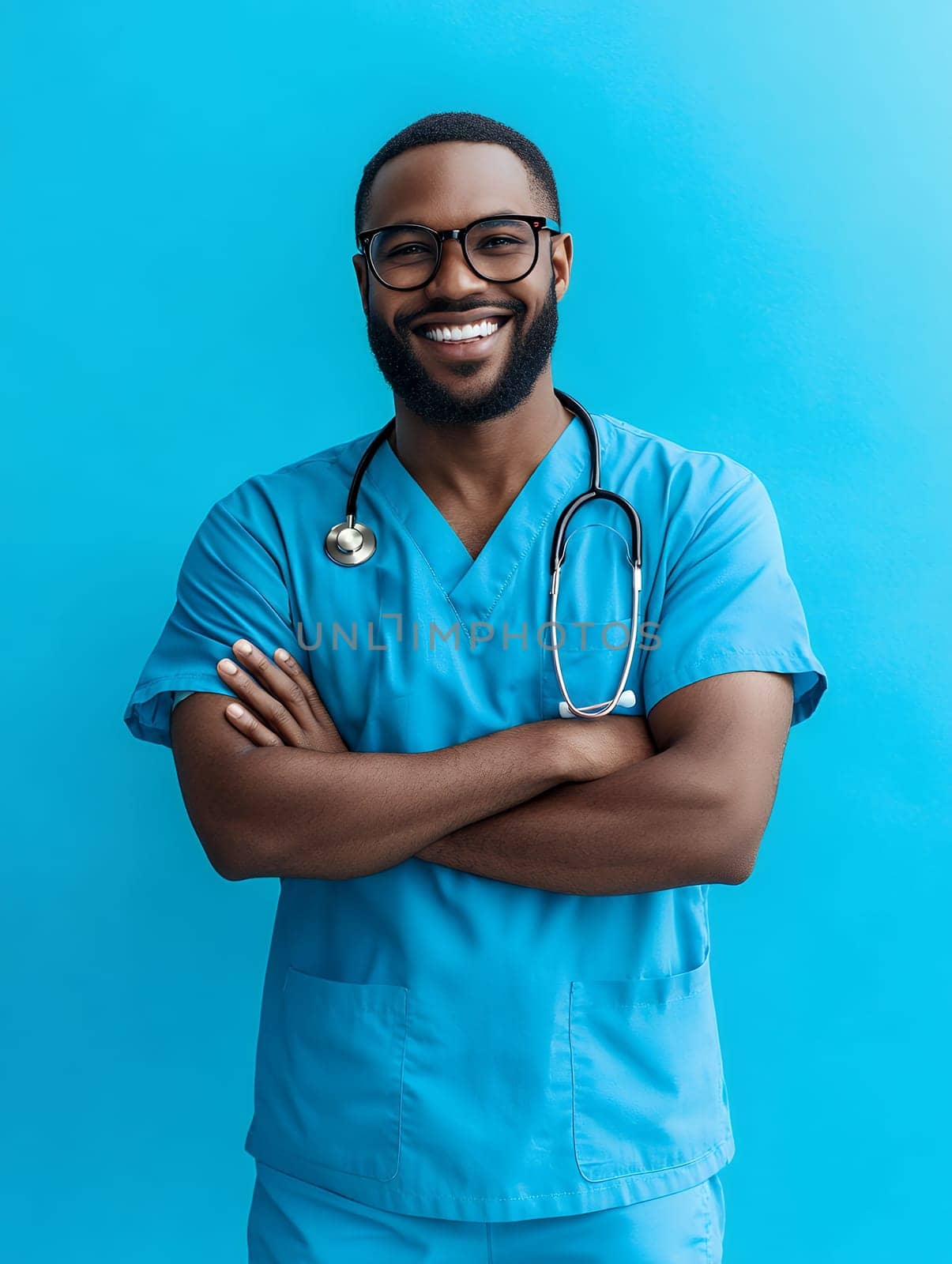 Smiling medical professional in blue scrubs with folded arms against a blue background.