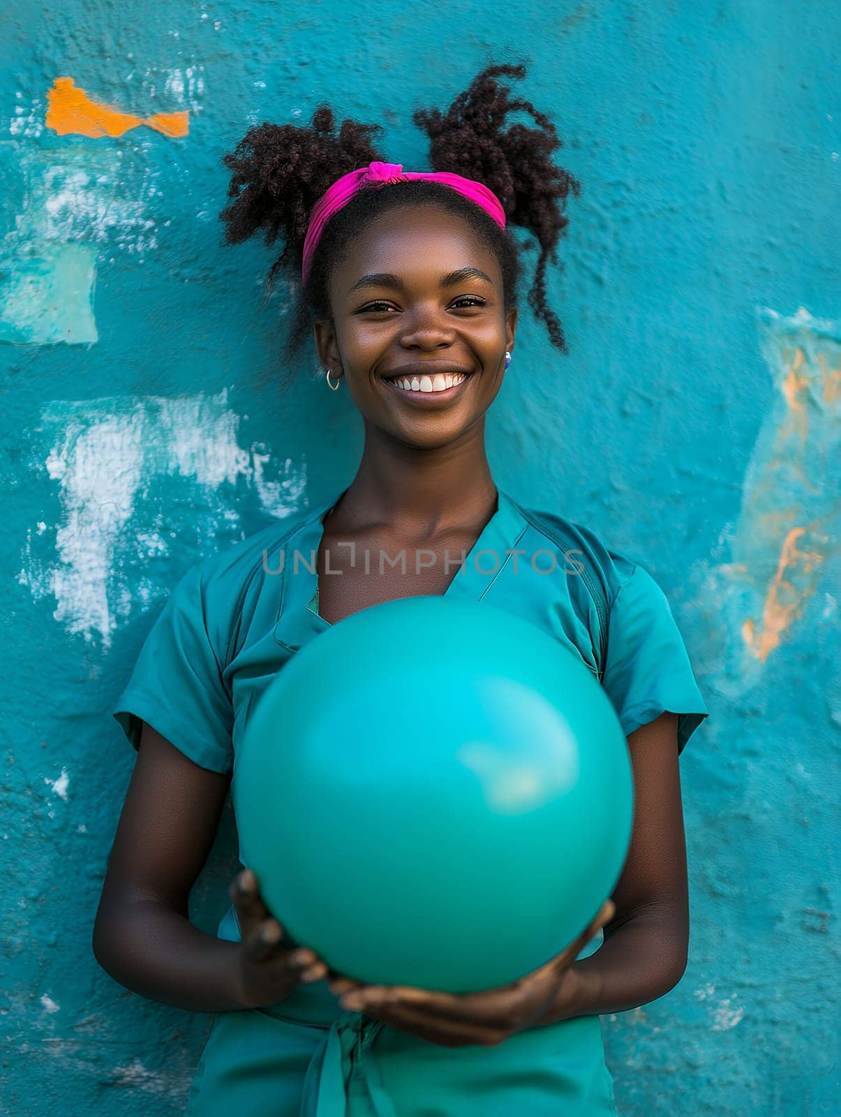 Smiling girl in vibrant outfit holding a turquoise ball, capturing youthful energy and joy.